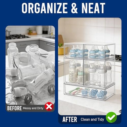 Baby Bottle Organizer Stackable Acrylic Storage Drawers 5-Pack – Non-Slip Pull-Out Drawers for Baby Bottles, Pump Parts, Pantry, Vanity Countertop (4.4" & 7.6" Tall, 12.1" Wide, Transparent) Avelisse