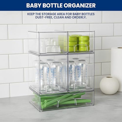 Baby Bottle Organizer Stackable Acrylic Storage Drawers 5-Pack – Non-Slip Pull-Out Drawers for Baby Bottles, Pump Parts, Pantry, Vanity Countertop (4.4" & 7.6" Tall, 12.1" Wide, Transparent) Avelisse