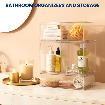 Baby Bottle Organizer Stackable Acrylic Storage Drawers 5-Pack – Non-Slip Pull-Out Drawers for Baby Bottles, Pump Parts, Pantry, Vanity Countertop (4.4" & 7.6" Tall, 12.1" Wide, Transparent) Avelisse