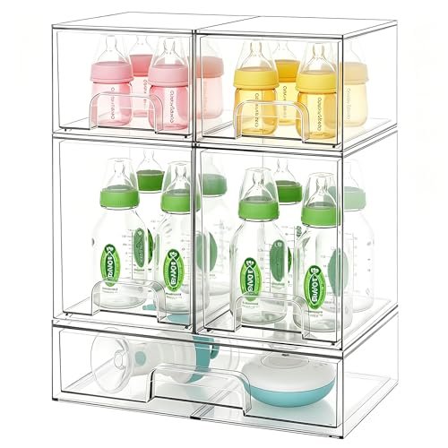 Baby Bottle Organizer Stackable Acrylic Storage Drawers 5-Pack – Non-Slip Pull-Out Drawers for Baby Bottles, Pump Parts, Pantry, Vanity Countertop (4.4" & 7.6" Tall, 12.1" Wide, Transparent) Avelisse