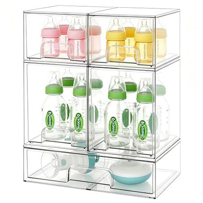 Baby Bottle Organizer Stackable Acrylic Storage Drawers 5-Pack – Non-Slip Pull-Out Drawers for Baby Bottles, Pump Parts, Pantry, Vanity Countertop (4.4" & 7.6" Tall, 12.1" Wide, Transparent) Avelisse
