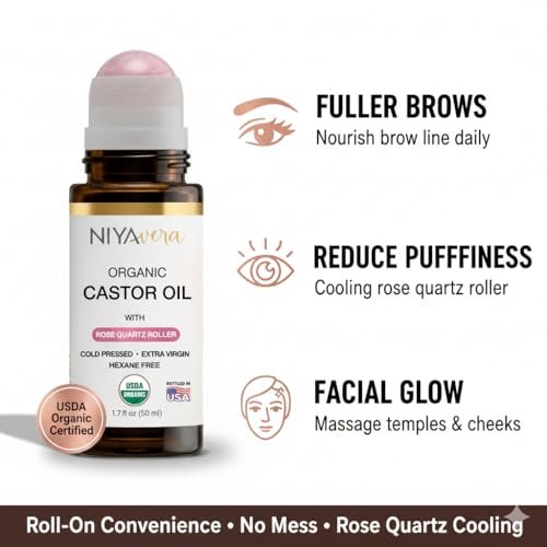 NIYAVERA Organic Castor Oil Roll on with Rose Quartz – Cold Pressed, Hexane Free, Unrefined Glass Bottle 1.7 oz Avelisse