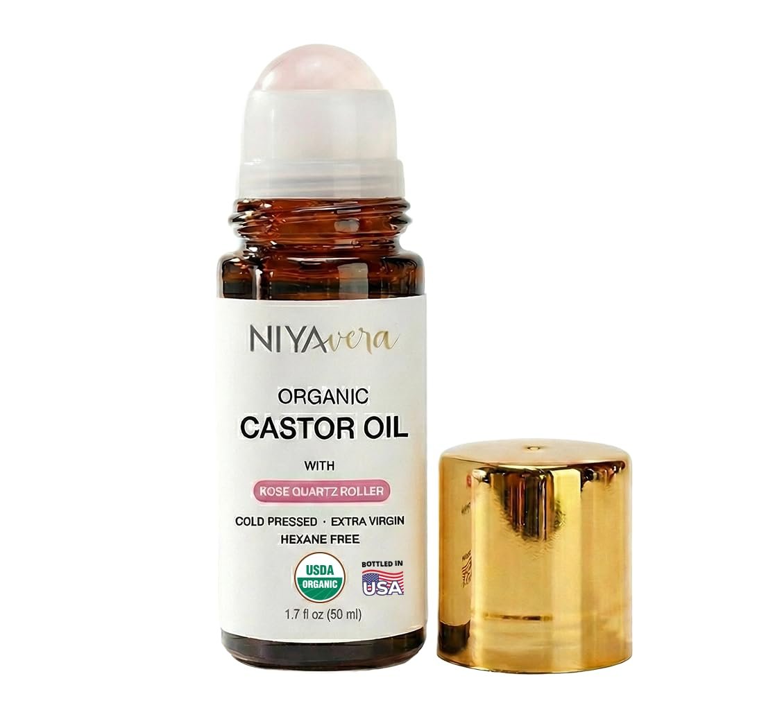 NIYAVERA Organic Castor Oil Roll on with Rose Quartz – Cold Pressed, Hexane Free, Unrefined Glass Bottle 1.7 oz Avelisse