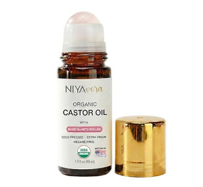 NIYAVERA Organic Castor Oil Roll on with Rose Quartz – Cold Pressed, Hexane Free, Unrefined Glass Bottle 1.7 oz Avelisse