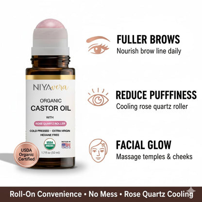 NIYAVERA Organic Castor Oil Roll on with Rose Quartz – Cold Pressed, Hexane Free, Unrefined Glass Bottle 1.7 oz Avelisse
