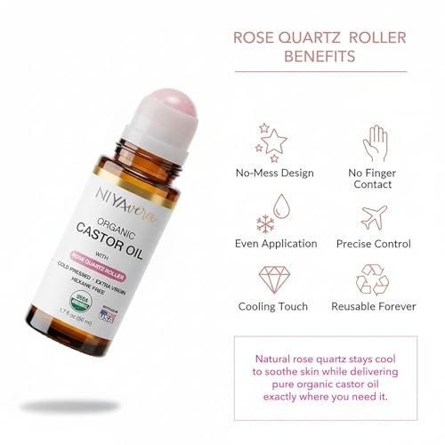 NIYAVERA Organic Castor Oil Roll on with Rose Quartz – Cold Pressed, Hexane Free, Unrefined Glass Bottle 1.7 oz Avelisse
