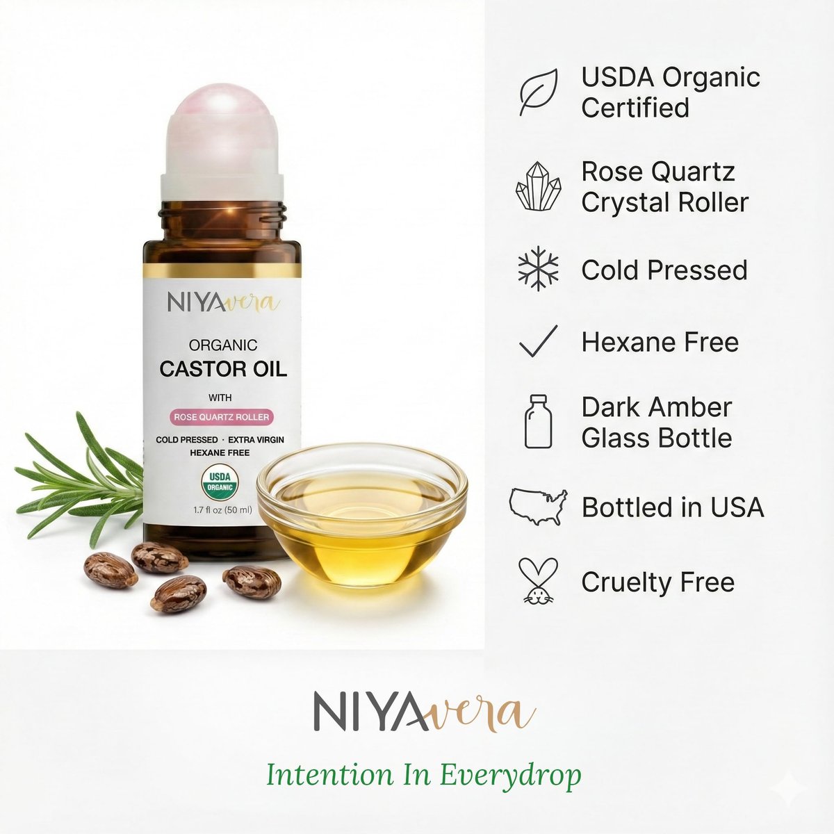 NIYAVERA Organic Castor Oil Roll on with Rose Quartz – Cold Pressed, Hexane Free, Unrefined Glass Bottle 1.7 oz Avelisse