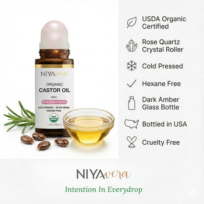 NIYAVERA Organic Castor Oil Roll on with Rose Quartz – Cold Pressed, Hexane Free, Unrefined Glass Bottle 1.7 oz Avelisse
