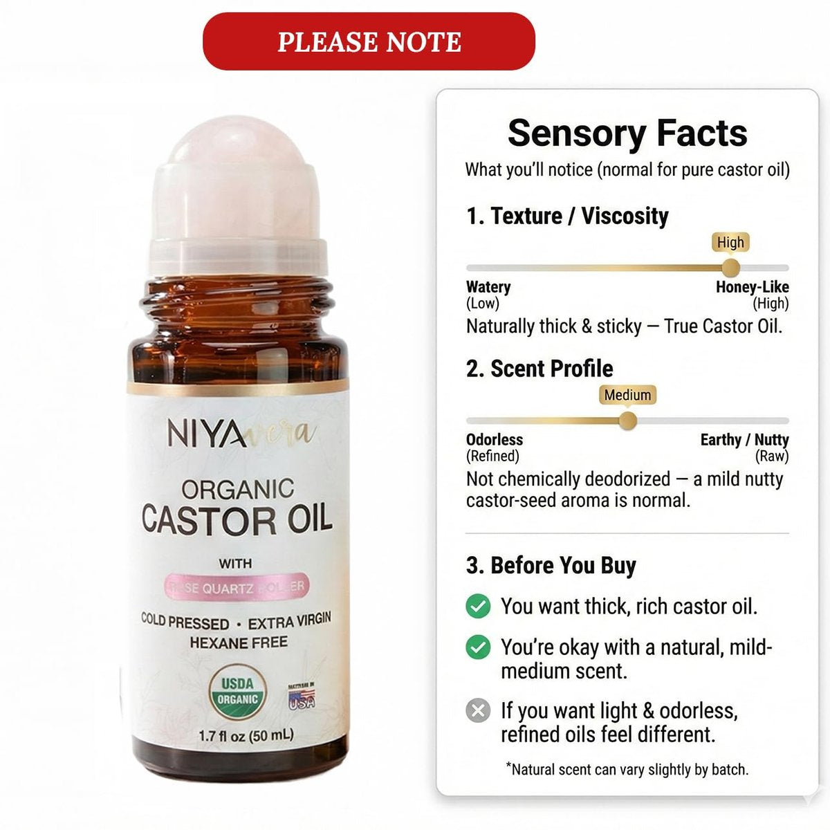 NIYAVERA Organic Castor Oil Roll on with Rose Quartz – Cold Pressed, Hexane Free, Unrefined Glass Bottle 1.7 oz Avelisse