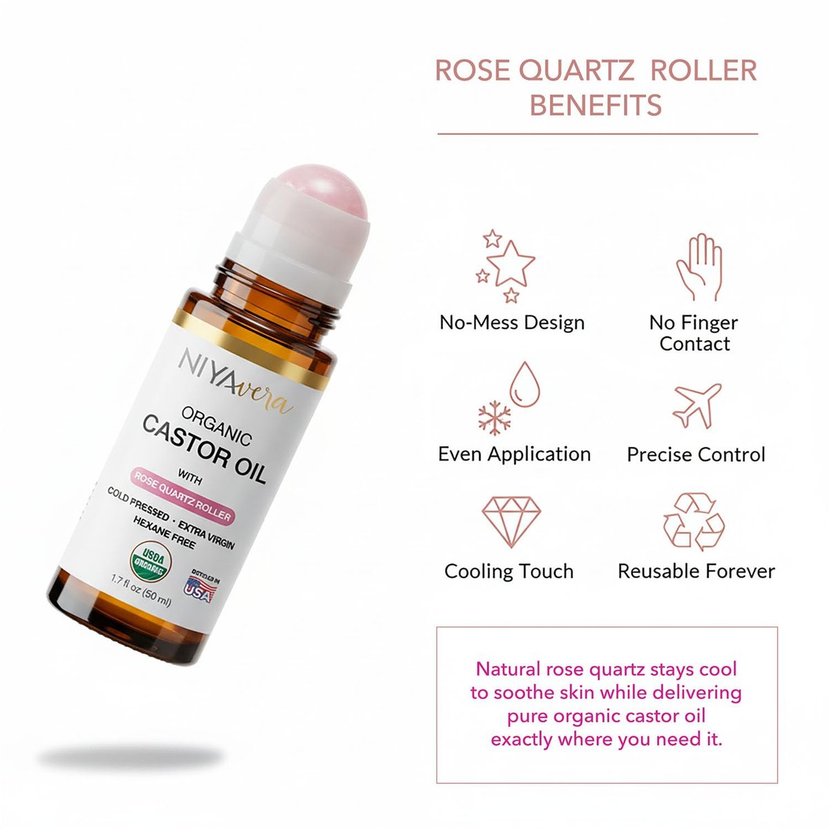 NIYAVERA Organic Castor Oil Roll on with Rose Quartz – Cold Pressed, Hexane Free, Unrefined Glass Bottle 1.7 oz Avelisse