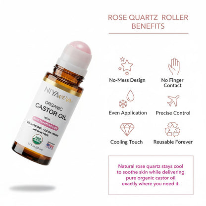 NIYAVERA Organic Castor Oil Roll on with Rose Quartz – Cold Pressed, Hexane Free, Unrefined Glass Bottle 1.7 oz Avelisse
