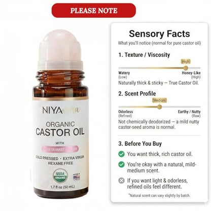 NIYAVERA Organic Castor Oil Roll on with Rose Quartz – Cold Pressed, Hexane Free, Unrefined Glass Bottle 1.7 oz Avelisse