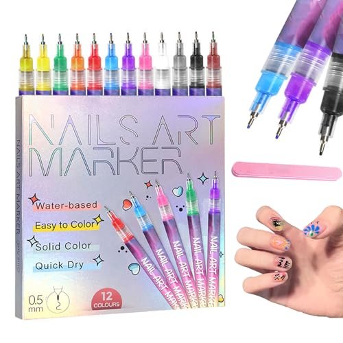 12 Colors Nail Art Pens - 0.5mm Fine Tip Nail Art Markers for DIY Nail Design, Quick-Drying Acrylic Paint Pens for Home & Salon Use - görsel 1