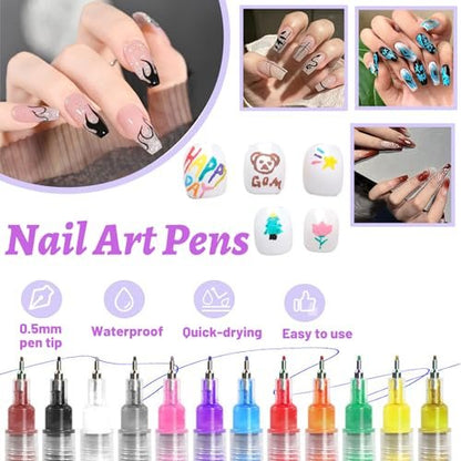 12 Colors Nail Art Pens - 0.5mm Fine Tip Nail Art Markers for DIY Nail Design, Quick-Drying Acrylic Paint Pens for Home & Salon Use