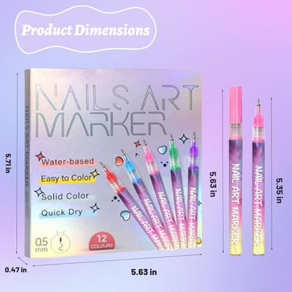 12 Colors Nail Art Pens - 0.5mm Fine Tip Nail Art Markers for DIY Nail Design, Quick-Drying Acrylic Paint Pens for Home & Salon Use