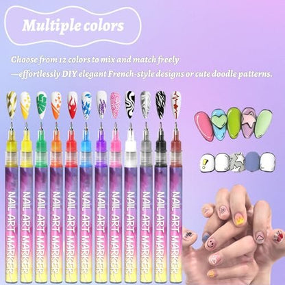 12 Colors Nail Art Pens - 0.5mm Fine Tip Nail Art Markers for DIY Nail Design, Quick-Drying Acrylic Paint Pens for Home & Salon Use
