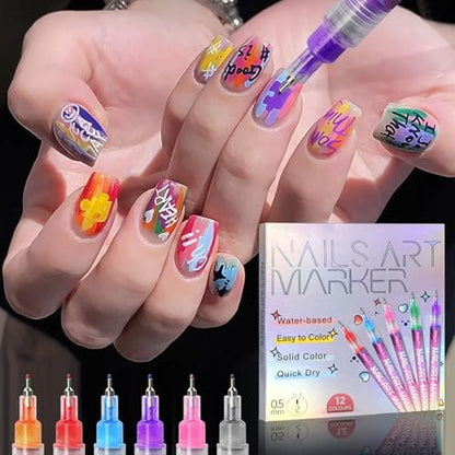 12 Colors Nail Art Pens - 0.5mm Fine Tip Nail Art Markers for DIY Nail Design, Quick-Drying Acrylic Paint Pens for Home & Salon Use