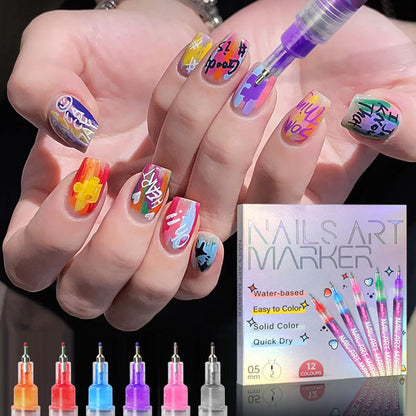 12 Colors Nail Art Pens - 0.5mm Fine Tip Nail Art Markers for DIY Nail Design, Quick-Drying Acrylic Paint Pens for Home & Salon Use