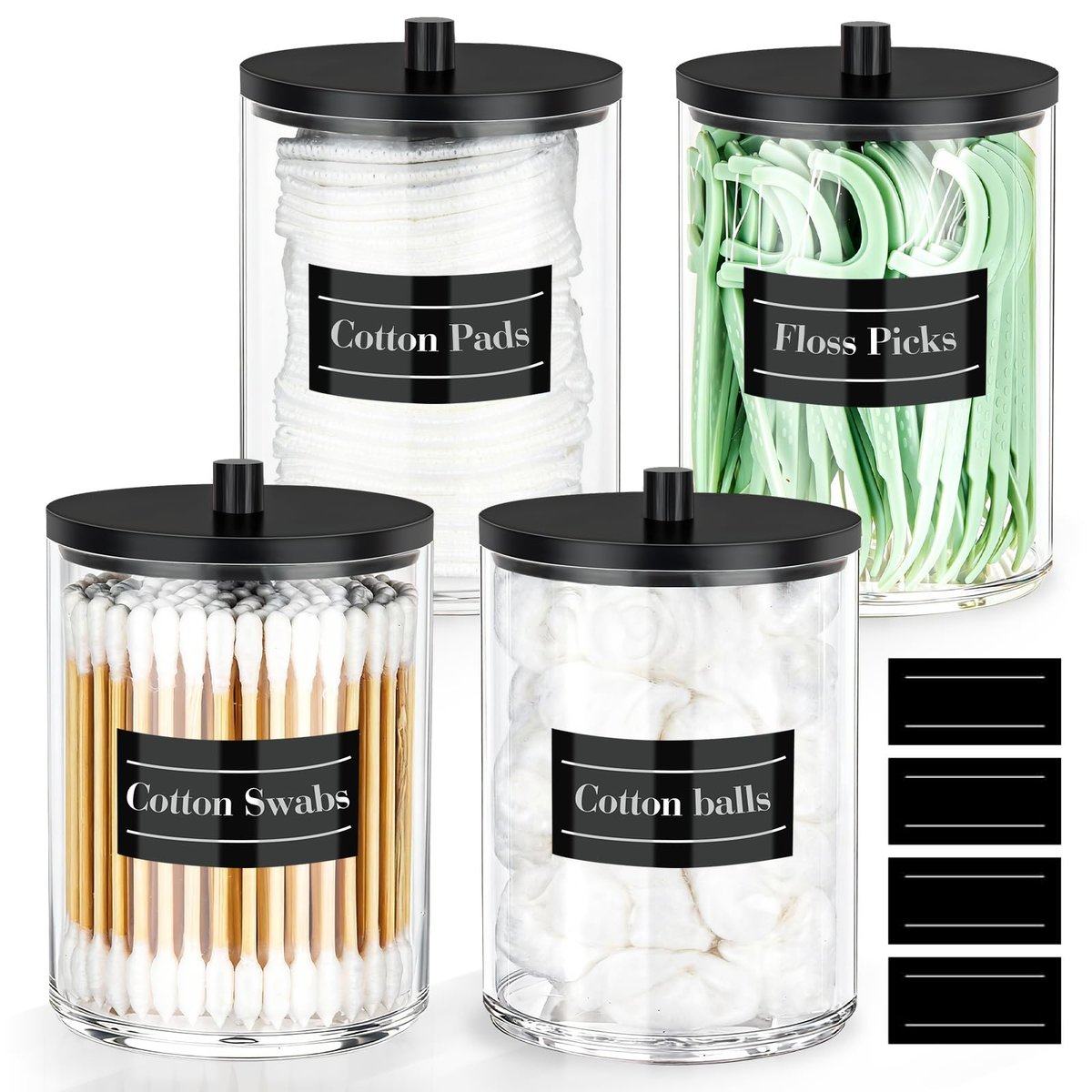 4 Pack 10 oz Acrylic Qtip Holder with Labels Dispenser - Clear Bathroom Small Canister Apothecary Jar Set for Vanity Storage Organizer - görsel 1