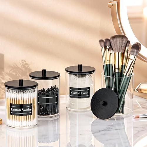 4 Pack 10 oz Acrylic Qtip Holder with Labels Dispenser - Clear Bathroom Small Canister Apothecary Jar Set for Vanity Storage Organizer - görsel 8