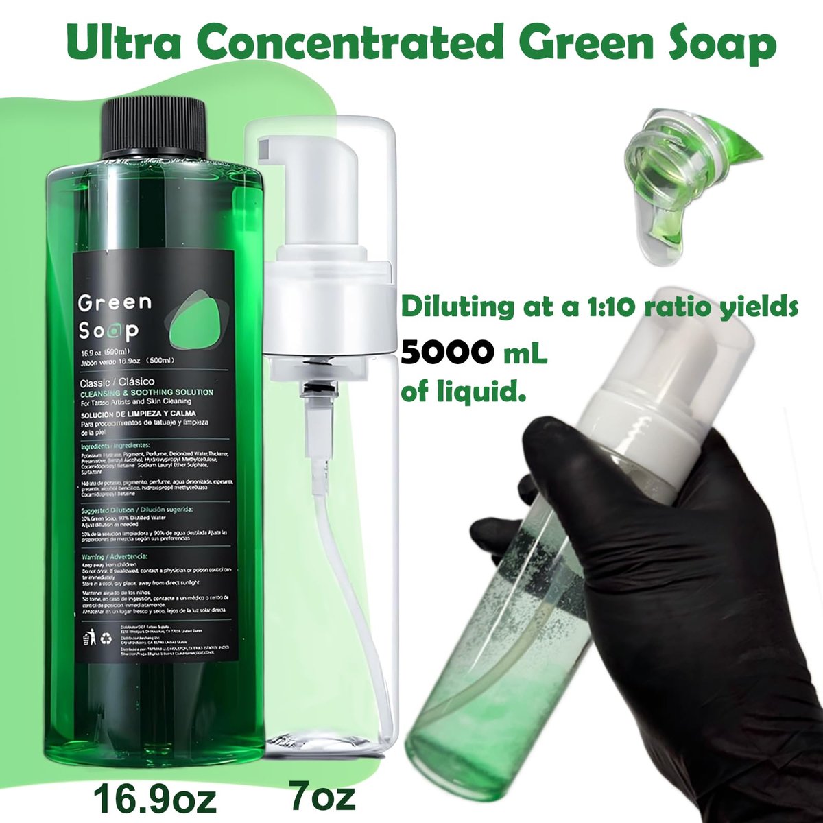 Miuxia Green Soap Tattoo 16.9OZ Ultra Concentrated – Makes 1.3 Gallons – with 7OZ Foam Bottle - görsel 3