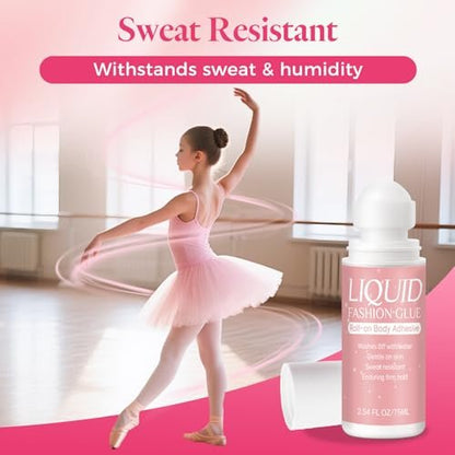Body Adhesive for Clothing Roll-On 2.54 Oz – Sweat Resistant & Long Lasting Body Glue for Dancers, Stagewear, Wigs, Socks, Bras & Costumes