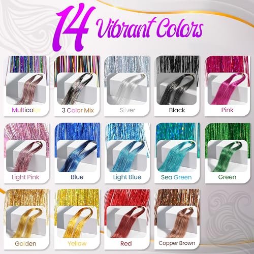 Stalvic Hair Tinsel Kit – 14 Colors, Up to 7200 Heat-Resistant Strands (48 Inch) with Wooden Threader, Crochet Tool, Pliers, Hair Bands, Hair Clips & Beads – For Girls, Women & Kids - görsel 6