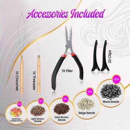 Stalvic Hair Tinsel Kit – 14 Colors, Up to 7200 Heat-Resistant Strands (48 Inch) with Wooden Threader, Crochet Tool, Pliers, Hair Bands, Hair Clips & Beads – For Girls, Women & Kids