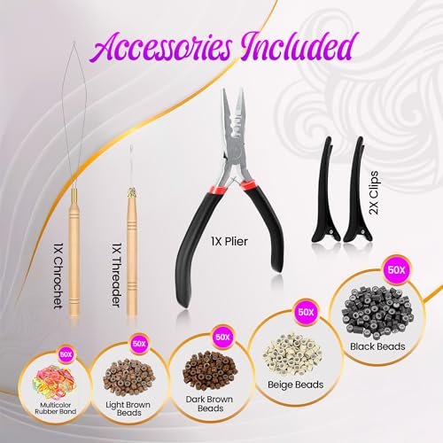 Stalvic Hair Tinsel Kit – 14 Colors, Up to 7200 Heat-Resistant Strands (48 Inch) with Wooden Threader, Crochet Tool, Pliers, Hair Bands, Hair Clips & Beads – For Girls, Women & Kids - görsel 4