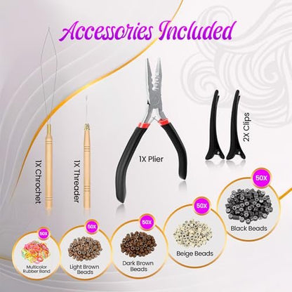 Stalvic Hair Tinsel Kit – 14 Colors, Up to 7200 Heat-Resistant Strands (48 Inch) with Wooden Threader, Crochet Tool, Pliers, Hair Bands, Hair Clips & Beads – For Girls, Women & Kids
