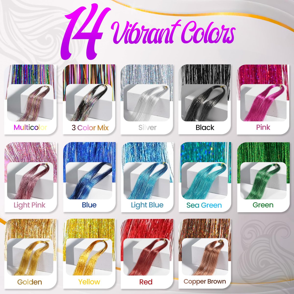 Stalvic Hair Tinsel Kit – 14 Colors, Up to 7200 Heat-Resistant Strands (48 Inch) with Wooden Threader, Crochet Tool, Pliers, Hair Bands, Hair Clips & Beads – For Girls, Women & Kids - görsel 5