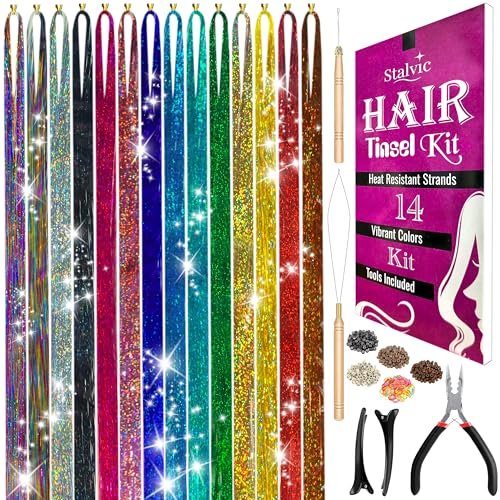 Stalvic Hair Tinsel Kit – 14 Colors, Up to 7200 Heat-Resistant Strands (48 Inch) with Wooden Threader, Crochet Tool, Pliers, Hair Bands, Hair Clips & Beads – For Girls, Women & Kids - görsel 2