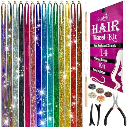 Stalvic Hair Tinsel Kit – 14 Colors, Up to 7200 Heat-Resistant Strands (48 Inch) with Wooden Threader, Crochet Tool, Pliers, Hair Bands, Hair Clips & Beads – For Girls, Women & Kids