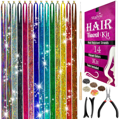 Stalvic Hair Tinsel Kit – 14 Colors, Up to 7200 Heat-Resistant Strands (48 Inch) with Wooden Threader, Crochet Tool, Pliers, Hair Bands, Hair Clips & Beads – For Girls, Women & Kids