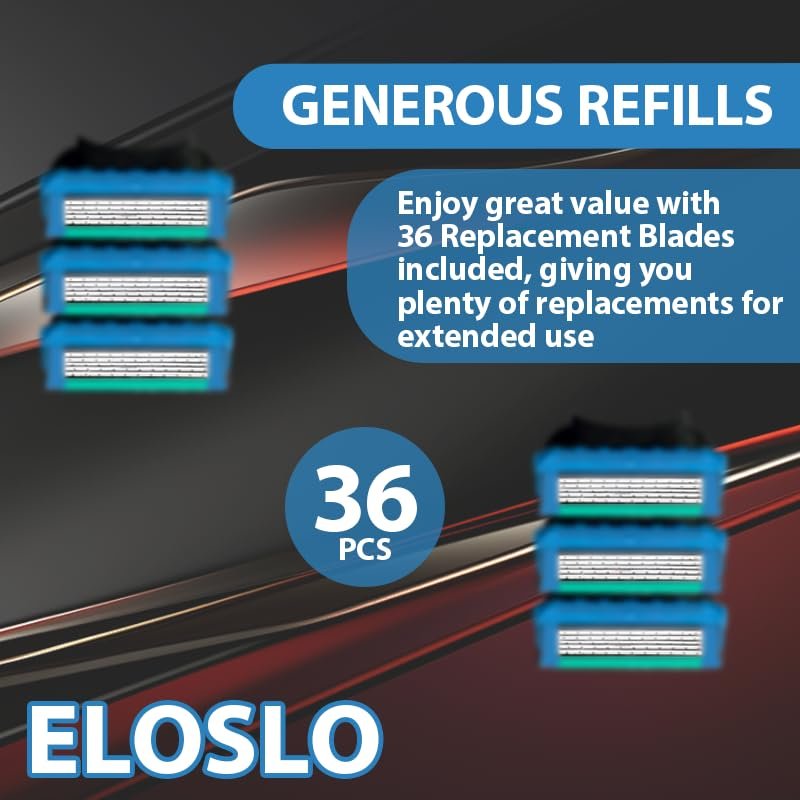 36 Blades Replacement Cartridges for GL-Fusion 5 Style Razors - Blue-Green, Men's Wet Razor Value Pack Avelisse