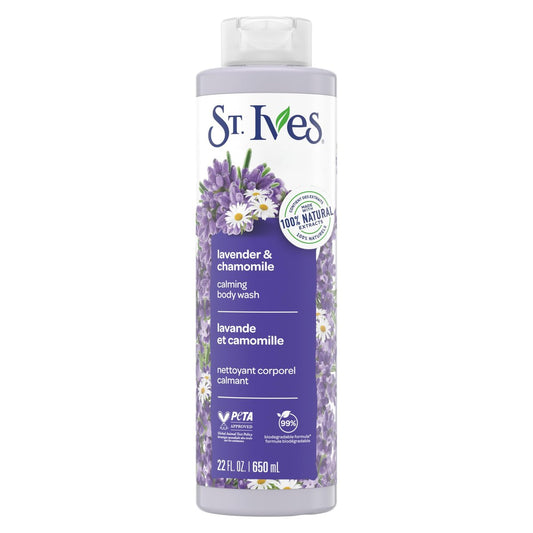 St. Ives Lavender & Chamomile Body Wash – Calming Body Care with 100% Natural Extracts, Moisturizing Body Soap, Daily Shower Gel Cleanser, Relaxing Floral Fragrance, 22 oz