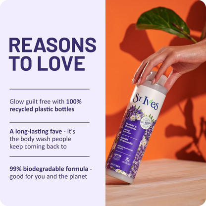 St. Ives Lavender & Chamomile Body Wash – Calming Body Care with 100% Natural Extracts, Moisturizing Body Soap, Daily Shower Gel Cleanser, Relaxing Floral Fragrance, 22 oz