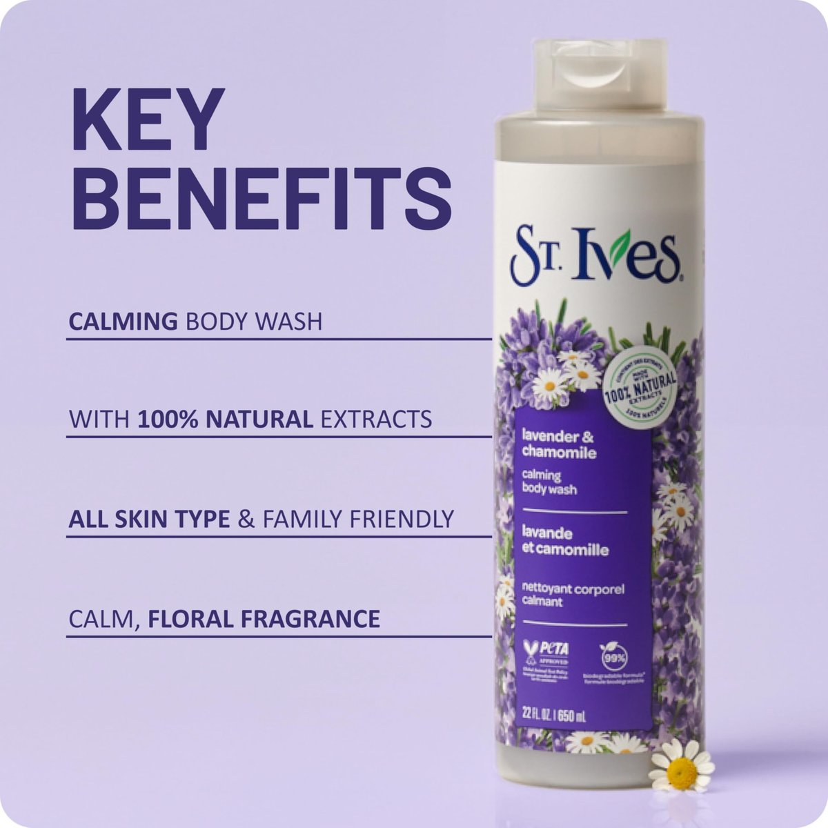 St. Ives Lavender & Chamomile Body Wash – Calming Body Care with 100% Natural Extracts, Moisturizing Body Soap, Daily Shower Gel Cleanser, Relaxing Floral Fragrance, 22 oz - görsel 9