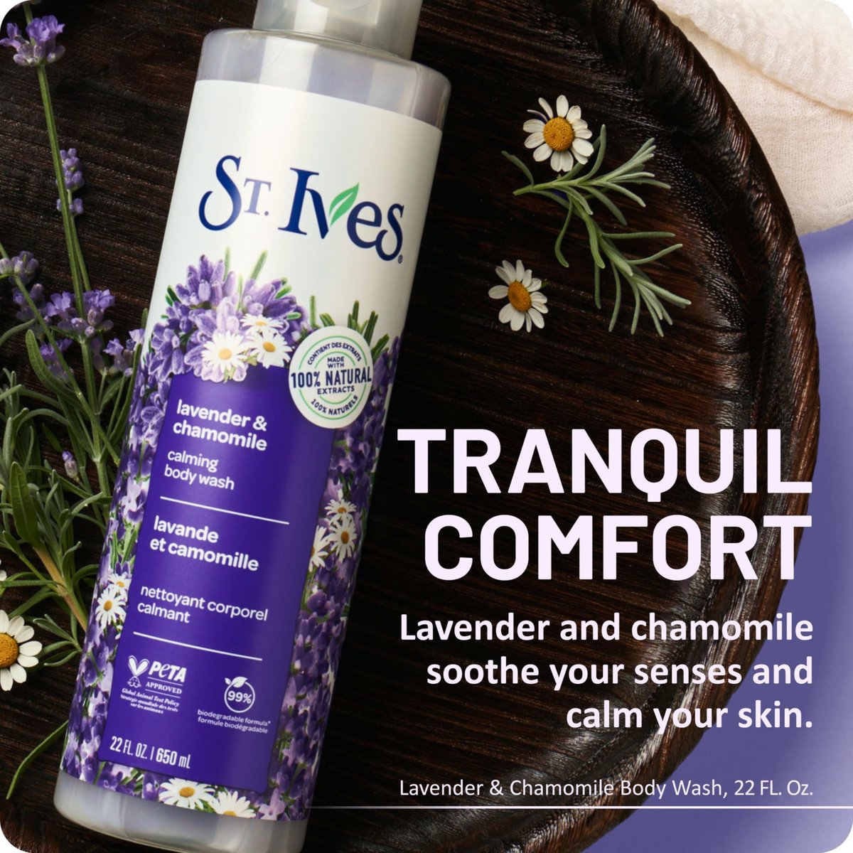 St. Ives Lavender & Chamomile Body Wash – Calming Body Care with 100% Natural Extracts, Moisturizing Body Soap, Daily Shower Gel Cleanser, Relaxing Floral Fragrance, 22 oz - görsel 3