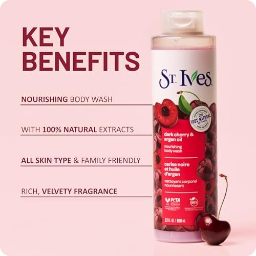 St. Ives Dark Cherry & Argan Oil Body Wash - Nourishing Body Care with 100% Natural Extracts, Moisturizing Body Soap, Daily Shower Gel Cleanser, Sweet Cherry Fragrance, 22 oz - görsel 10