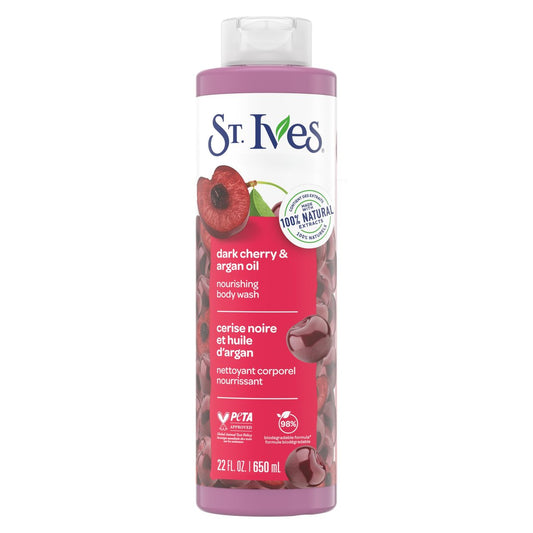 St. Ives Dark Cherry & Argan Oil Body Wash - Nourishing Body Care with 100% Natural Extracts, Moisturizing Body Soap, Daily Shower Gel Cleanser, Sweet Cherry Fragrance, 22 oz