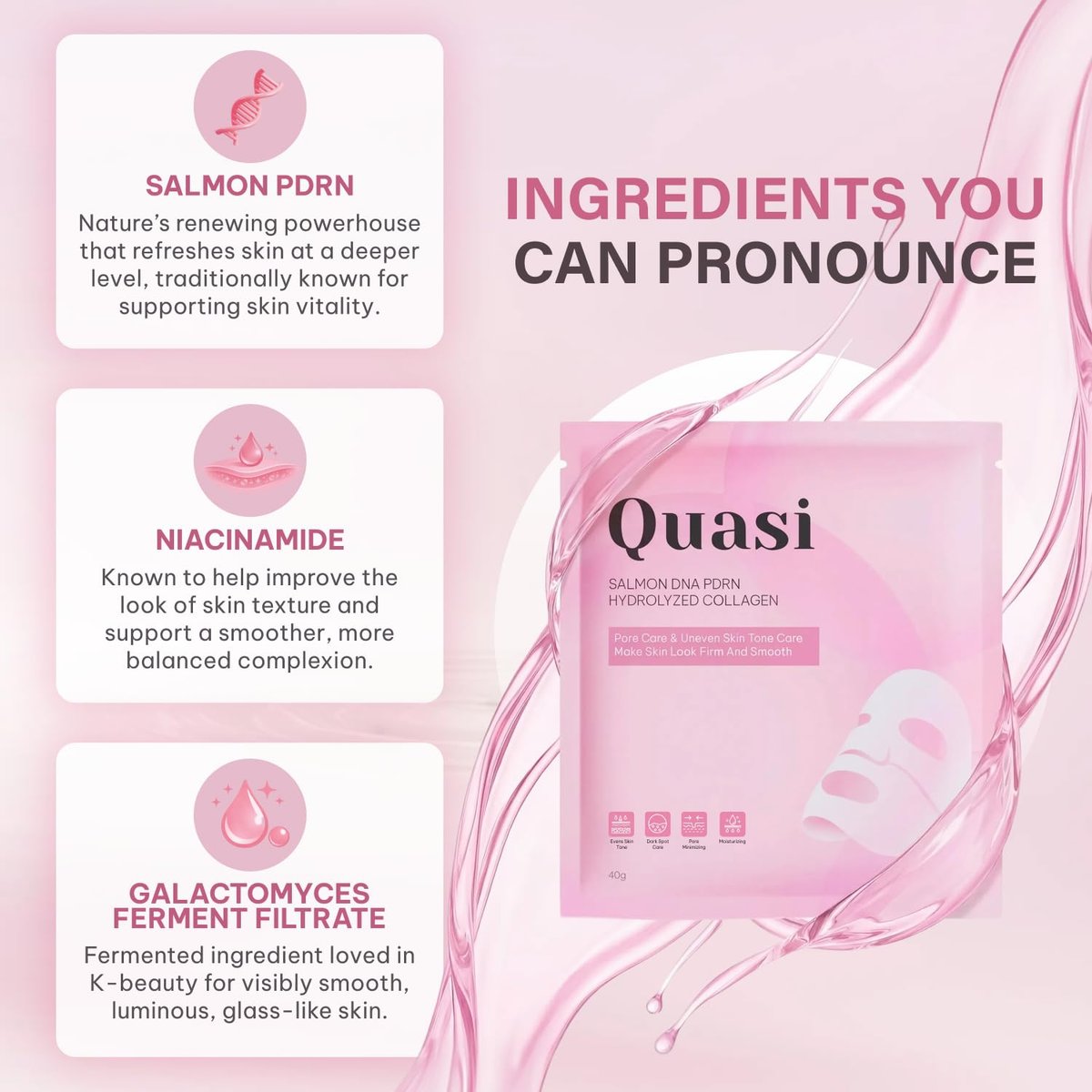 Quasi Salmon PDRN Collagen Mask – Hydrating, Firming & Smoothing Korean Gel Face Mask for Collagen Boost & Pore Care – 4 Masks, Non-Irritating, Natural Ingredients Avelisse