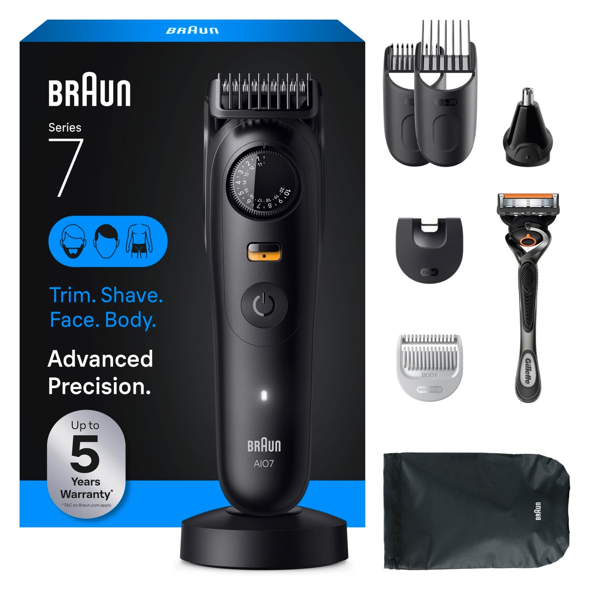 Braun Series 7 All-in-One Beard & Body Grooming Kit for Men - Cordless Trimmer, Hair Clippers & Shaver with Gillette ProGlide Razor, AIO 7535, Matte Black Avelisse