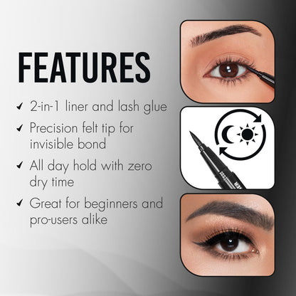 DUO Over & Under Lash Glue Liner – 2-in-1 Eyelash Adhesive and Eyeliner, Black, Waterproof Long-Lasting Eyelash Glue Pen for Strip Lashes, 0.03 Fl Oz