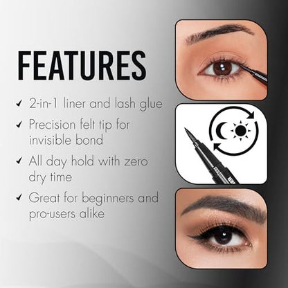 DUO Over & Under Lash Glue Liner – 2-in-1 Eyelash Adhesive and Eyeliner, Black, Waterproof Long-Lasting Eyelash Glue Pen for Strip Lashes, 0.03 Fl Oz