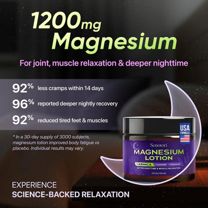 Senotori Nighttime Magnesium Lotion with Arnica & Lavender, Chamomile - Topical Magnesium Cream for Tired Feet, Muscle Recovery, Relaxation Gift for Mom & Dad, 4 Fl Oz