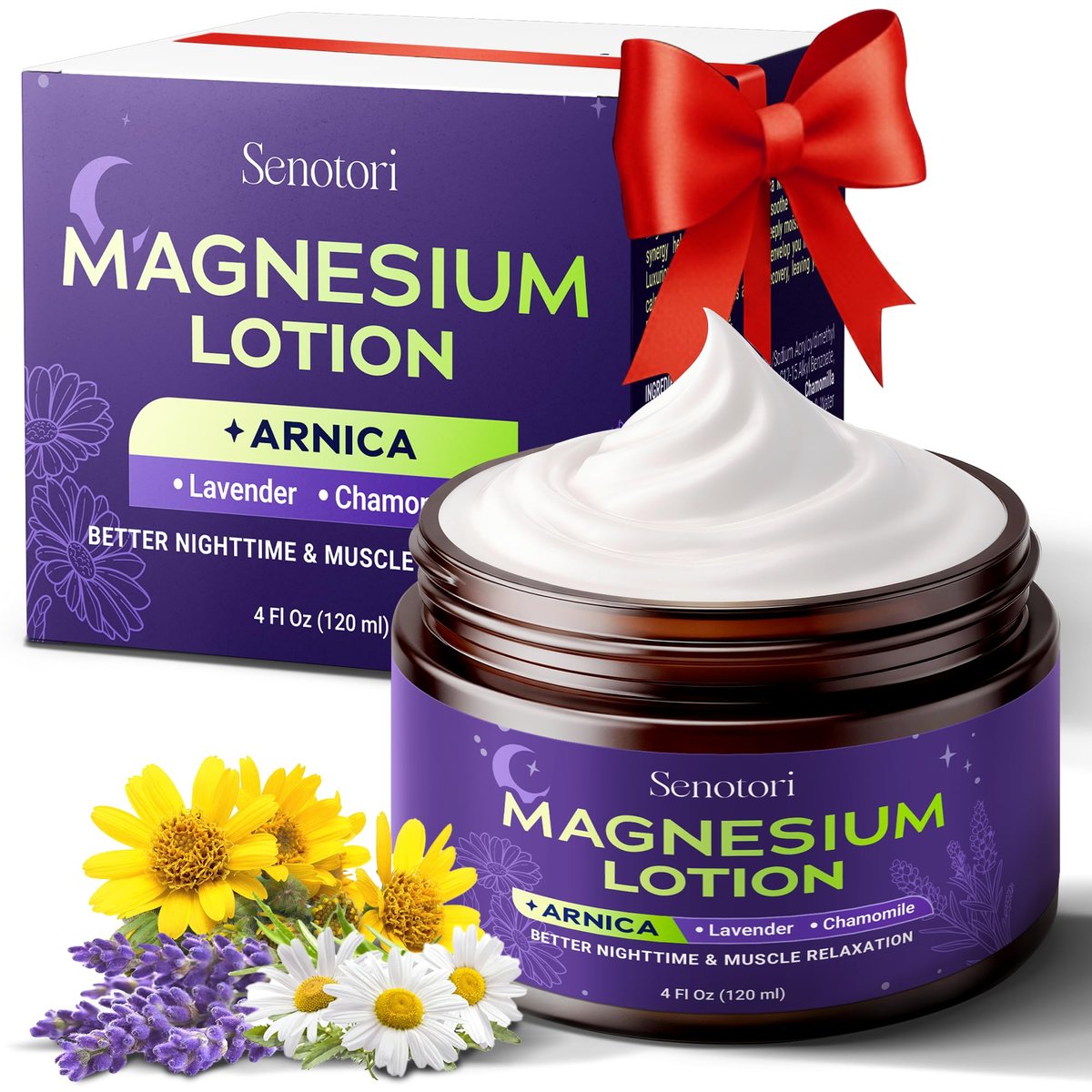 Senotori Nighttime Magnesium Lotion with Arnica & Lavender, Chamomile - Topical Magnesium Cream for Tired Feet, Muscle Recovery, Relaxation Gift for Mom & Dad, 4 Fl Oz - görsel 1