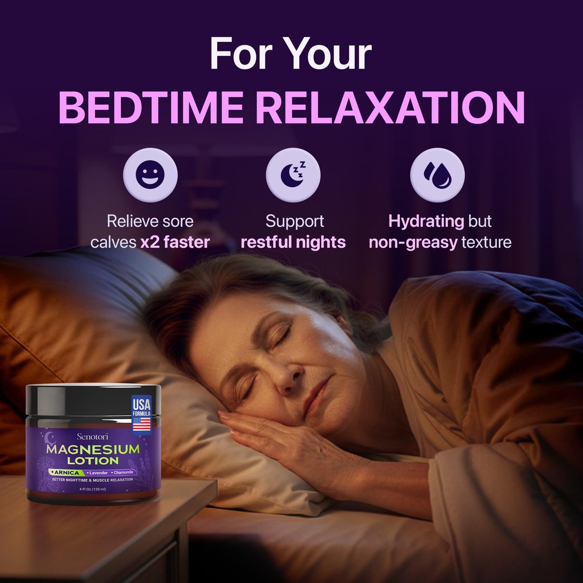Senotori Nighttime Magnesium Lotion with Arnica & Lavender, Chamomile - Topical Magnesium Cream for Tired Feet, Muscle Recovery, Relaxation Gift for Mom & Dad, 4 Fl Oz - görsel 7