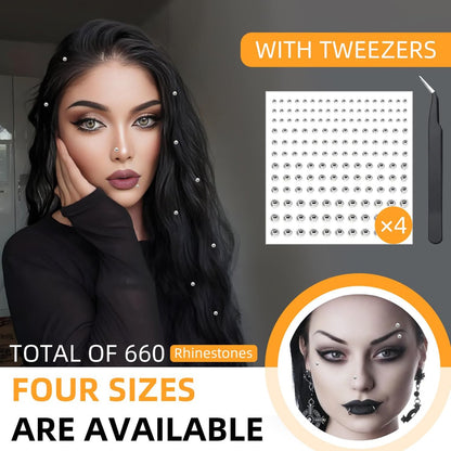OLLBIT 660PCS Face Gems, Silver Fake Piercings, Self-Adhesive Stick On Face Stickers, DIY Rave Accessories, Punk Y2K Makeup for Women Men