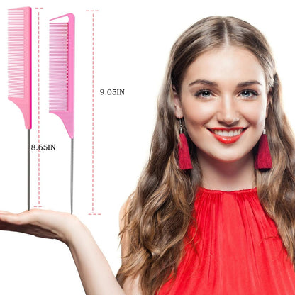 8-Piece Rat Tail Combs Set - Long Steel Pin Teasing Combs for Salon Hair Stylists, 2 Styles & Multiple Colors, Metal Parting Comb, Fine Tooth Teasing Comb for Women (Aigee)